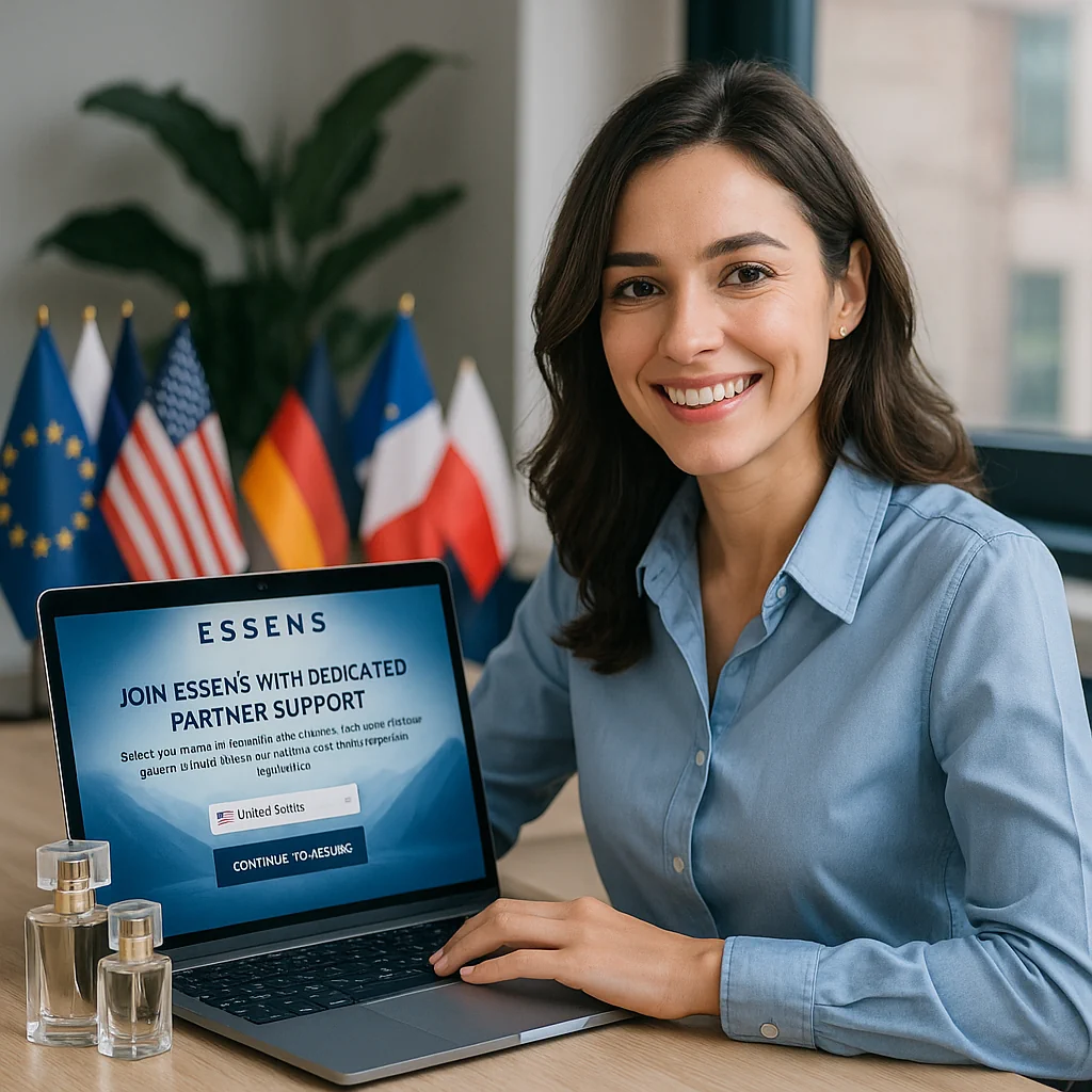 ESSENS partner registration page with country picker